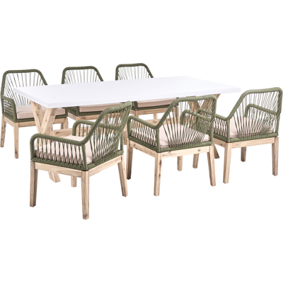 BELIANI Conjunto De Comedor Exterior Con Sillas Mesa Tablero De Hormigón Patas De Madera 6 Sillas De Polipropileno Cojines Blanco Verde Oliva Olbia BELIANI Conjunto De Comedor Exterior Con Sillas Mesa Tablero De Hormigón Patas De Madera 6 Sillas De Polipropileno Cojines Blanco Verde Oliva Olbia