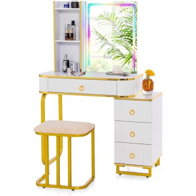 Costway Juego de tocador blanco - Luces LED, almacenamiento, espejo ajustable Costway Juego de tocador blanco - Luces LED, almacenamiento, espejo ajustable