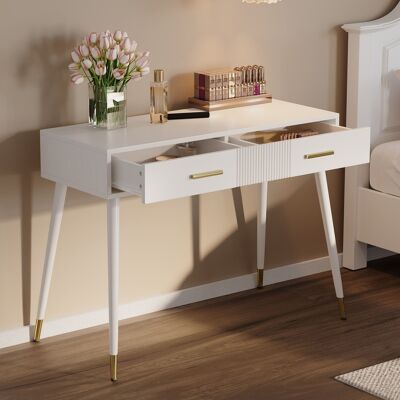 DREAMMESPACE Tocador Y Mesa De Maquillaje 100 X 40 X 76 Cm - Escritorio Con 2 Cajones, Tiradores Y Patas Doradas, Consola Moderna - Blanco Y Dorado DREAMMESPACE Tocador Y Mesa De Maquillaje 100 X 40 X 76 Cm - Escritorio Con 2 Cajones, Tiradores Y Patas Doradas, Consola Moderna - Blanco Y Dorado