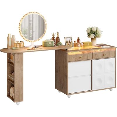 Woltu Tocador Con Espejo Led – Mesa De Maquillaje Con Módulo De Cajones Extensible – Blanco + Roble Marrón Claro Woltu Tocador Con Espejo Led – Mesa De Maquillaje Con Módulo De Cajones Extensible – Blanco + Roble Marrón Claro