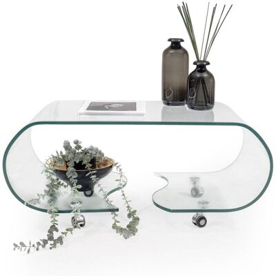 Homely - Mesa De Centro Con Ruedas Y Cristal Curvado De Una Pieza Coffee Transparente De 90x50x38 Cm Homely - Mesa De Centro Con Ruedas Y Cristal Curvado De Una Pieza Coffee Transparente De 90x50x38 Cm