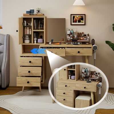 DREAMMESPACE Tocador Con Taburete 84 X 40 X 120 Cm – Mesa De Maquillaje Con Espejo Abatible, 5 Cajones – Efecto Madera Natural DREAMMESPACE Tocador Con Taburete 84 X 40 X 120 Cm – Mesa De Maquillaje Con Espejo Abatible, 5 Cajones – Efecto Madera Natural