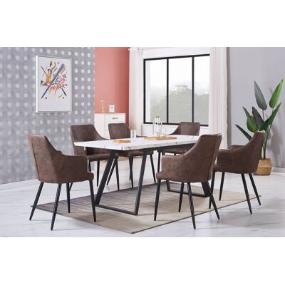 Life Interiors - Juego De Comedor Toga Lux Zarah: Mesa De Comedor Extensible Blanca Y Juego De 6 Sillas De Comedor De Cuero Marrón Oscuro - Comedor Cocina Life Interiors - Juego De Comedor Toga Lux Zarah: Mesa De Comedor Extensible Blanca Y Juego De 6 Sillas De Comedor De Cuero Marrón Oscuro - Comedor Cocina