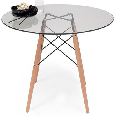 HOMELY Mesa De Cocina O Comedor Redonda Tower Vintage 90 Sobre De Cristal De 90 Cm Y Patas De Madera De Haya HOMELY Mesa De Cocina O Comedor Redonda Tower Vintage 90 Sobre De Cristal De 90 Cm Y Patas De Madera De Haya