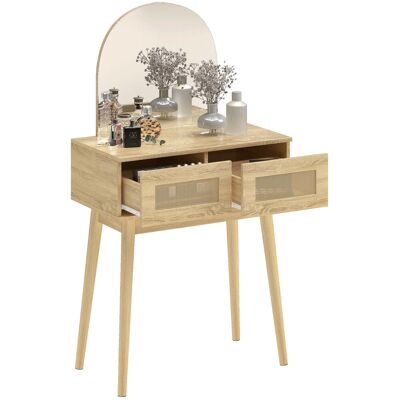 Homcom Tocador Con Espejo Arqueado, Mesa De Maquillaje Con 2 Cajones Con Frontal De Ratán, Tocador De Maquillaje Para Espacios Pequeños, Natural Homcom Tocador Con Espejo Arqueado, Mesa De Maquillaje Con 2 Cajones Con Frontal De Ratán, Tocador De Maquillaje Para Espacios Pequeños, Natural