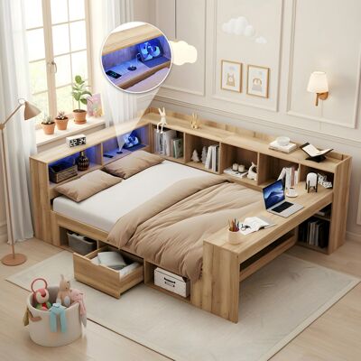 MODFU Cama Para Adultos - Cama Con Cajones Led, Usb Tipo-c Y Escritorio Integrado, Almacenamiento, 140x200 Cm, Mdf Color Natural MODFU Cama Para Adultos - Cama Con Cajones Led, Usb Tipo-c Y Escritorio Integrado, Almacenamiento, 140x200 Cm, Mdf Color Natural