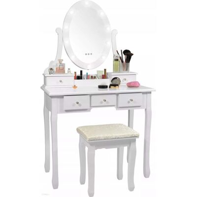Viking Choice - Tocador De Madera Blanca - Con Espejo Con Luz Led - Con Taburete A Juego - 80x40x137 Cm Viking Choice - Tocador De Madera Blanca - Con Espejo Con Luz Led - Con Taburete A Juego - 80x40x137 Cm
