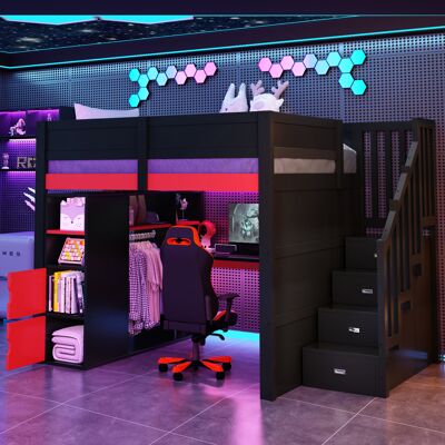 HAUSS SPOLE Cama Alta Para Adultos/niños De 140x200 Cm Con Escritorio, Led, Usb, Escalera De Almacenamiento, Mdf Negro/rojo HAUSS SPOLE Cama Alta Para Adultos/niños De 140x200 Cm Con Escritorio, Led, Usb, Escalera De Almacenamiento, Mdf Negro/rojo