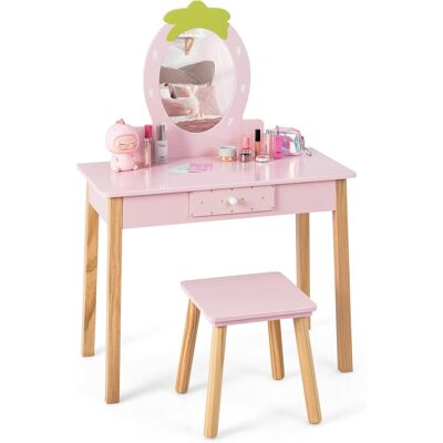 Costway 2 En 1 Juego De Tocador De Maquillaje Para Niñas, Tocador De Maquillaje De Madera Para Niñas Con Taburete, Espejo En Forma De Fresa Y Cajón, Set De Maquillaje Con Espejo Y Silla Para Niñas Costway 2 En 1 Juego De Tocador De Maquillaje Para Niñas, Tocador De Maquillaje De Madera Para Niñas Con Taburete, Espejo En Forma De Fresa Y Cajón, Set De Maquillaje Con Espejo Y Silla Para Niñas