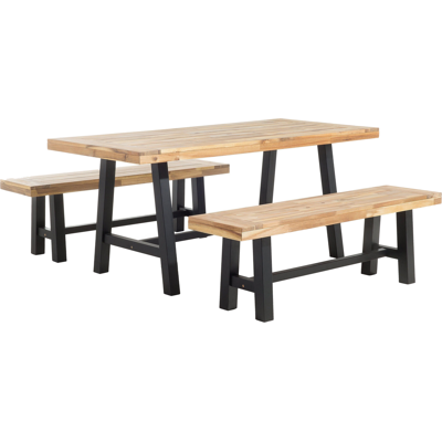 BELIANI Conjunto De Comedor De Jardín Con Tablero De Madera Clara Y Patas Negras 3 Piezas Mesa Rectangular De Madera De Acacia 2 Bancos Scania BELIANI Conjunto De Comedor De Jardín Con Tablero De Madera Clara Y Patas Negras 3 Piezas Mesa Rectangular De Madera De Acacia 2 Bancos Scania