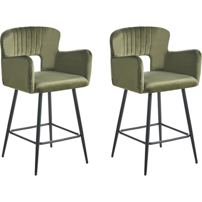 BELIANI Conjunto De 2 Sillas De Bar Modernas Asiento De Terciopelo Con Reposabrazos Respaldo Acolchado Verde Oliva Sanilac BELIANI Conjunto De 2 Sillas De Bar Modernas Asiento De Terciopelo Con Reposabrazos Respaldo Acolchado Verde Oliva Sanilac