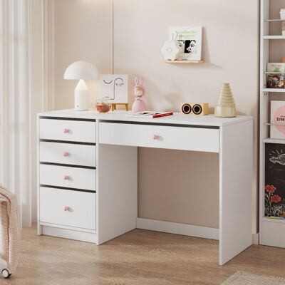 DREAMMESPACE Escritorio Para Niños Y Adultos - 120 X 45 X 74 Cm - Mesa Para Ordenador O Tocador Con 5 Cajones Y Tiradores Rosa - Blanco Mate DREAMMESPACE Escritorio Para Niños Y Adultos - 120 X 45 X 74 Cm - Mesa Para Ordenador O Tocador Con 5 Cajones Y Tiradores Rosa - Blanco Mate