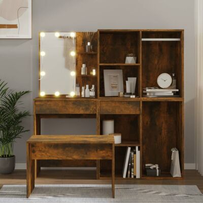 Juego De Tocador Con Led Madera Contrachapada Roble Ahumado Vidaxl Juego De Tocador Con Led Madera Contrachapada Roble Ahumado Vidaxl