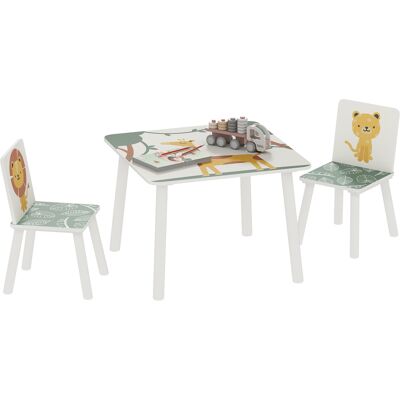 LIIYIELA Mesa Infantil Con Silla, Mesa De Madera Y 2 Sillas Infantiles, Motivos De Animales, 60 X 60 X 44 Cm, Verde LIIYIELA Mesa Infantil Con Silla, Mesa De Madera Y 2 Sillas Infantiles, Motivos De Animales, 60 X 60 X 44 Cm, Verde