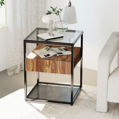 UNHO Mesita De Noche De Cristal Y Madera, Mesillas Auxiliar Con Cajón Para Sofá Salón Dormitorio UNHO Mesita De Noche De Cristal Y Madera, Mesillas Auxiliar Con Cajón Para Sofá Salón Dormitorio