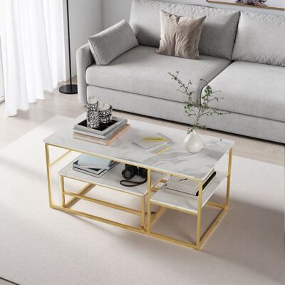 OEM Mesa Baja De Salón - Cuadrada - Tablero De Mármol Blanco - Patas Doradas De Metal - 105x52x48 Cm OEM Mesa Baja De Salón - Cuadrada - Tablero De Mármol Blanco - Patas Doradas De Metal - 105x52x48 Cm