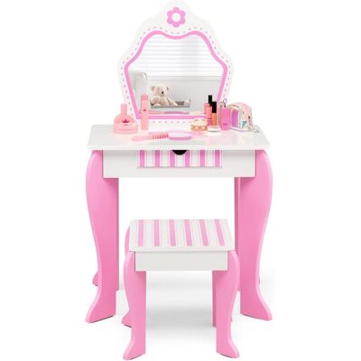 Set de tocador infantil COSTWAY con espejo y taburete - 2 en 1 Set de tocador infantil COSTWAY con espejo y taburete - 2 en 1