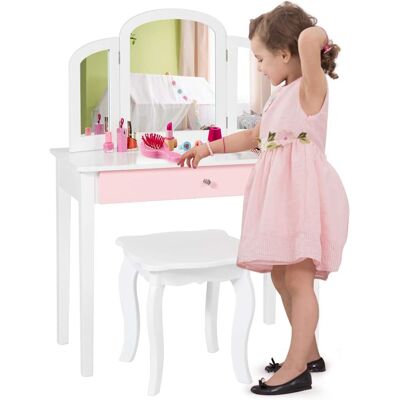 Costway - Set Tocador Infantil Con Espejo Tripartido Y Cajón Grande, Escritorio Desmontable 2 En 1 Con Mesa Taburete (blanco) Costway - Set Tocador Infantil Con Espejo Tripartido Y Cajón Grande, Escritorio Desmontable 2 En 1 Con Mesa Taburete (blanco)