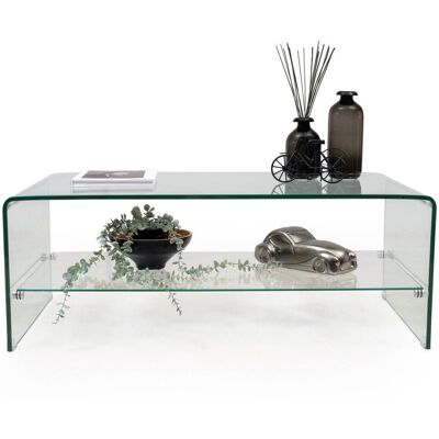 Homely - Mesa De Centro De Cristal Curvado De Una Pieza Con Balda Revistero Murano De 110x60x40 Cm Homely - Mesa De Centro De Cristal Curvado De Una Pieza Con Balda Revistero Murano De 110x60x40 Cm