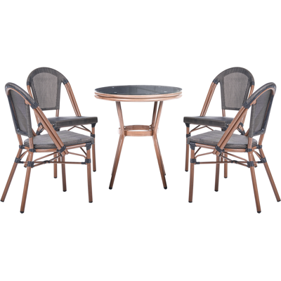 BELIANI Conjunto De Comedor Exterior 4 Plazas Mesa Redonda De Ratán Sintético Y Sillas Con Estructura De Aluminio Gris Rifreddo BELIANI Conjunto De Comedor Exterior 4 Plazas Mesa Redonda De Ratán Sintético Y Sillas Con Estructura De Aluminio Gris Rifreddo