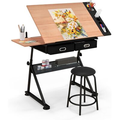 Mesa De Dibujo Para Arte, Diseño Ángulo Y Altura Ajustable, Escritorio Para Oficina Con Cajón Silla (natural) - Costway Mesa De Dibujo Para Arte, Diseño Ángulo Y Altura Ajustable, Escritorio Para Oficina Con Cajón Silla (natural) - Costway