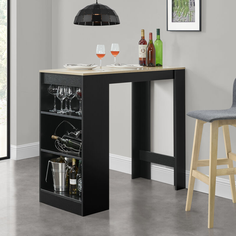 [EN.CASA] Mesa de bar de Bistro Elegante - 110 x 50 x 103 cm - Mesa alta Cocina - Barra integrada para bebidas - 3 Estantes - Negro y Efecto roble - negro