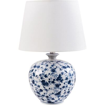 BELIANI Lámpara De Mesa Elegante Con Base De Porcelana Con Diseño Floral Pantalla De Campana De Lino Iluminación Blanco Y Azul Silves BELIANI Lámpara De Mesa Elegante Con Base De Porcelana Con Diseño Floral Pantalla De Campana De Lino Iluminación Blanco Y Azul Silves