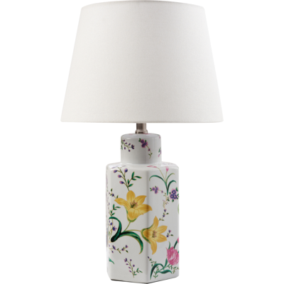 Beliani - Lámpara De Mesa Elegante Con Base De Porcelana Con Diseño Floral Pantalla De Campana De Lino Iluminación Blanco Cavado Beliani - Lámpara De Mesa Elegante Con Base De Porcelana Con Diseño Floral Pantalla De Campana De Lino Iluminación Blanco Cavado