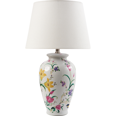BELIANI Lámpara De Mesa Elegante Con Base De Porcelana Con Diseño Floral Pantalla De Campana De Lino Iluminación Blanco Acrosso BELIANI Lámpara De Mesa Elegante Con Base De Porcelana Con Diseño Floral Pantalla De Campana De Lino Iluminación Blanco Acrosso