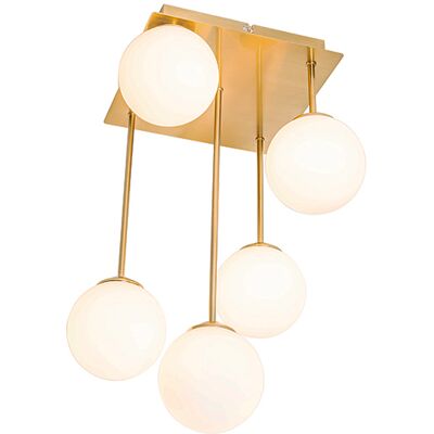 Qazqa Lámpara de Techo Moderna Dorada con Cristal Opal 5 Luces - Compatible con LED Qazqa Lámpara de Techo Moderna Dorada con Cristal Opal 5 Luces - Compatible con LED