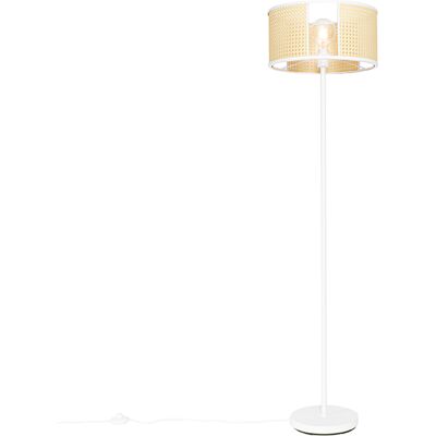 Qazqa Retro/vintage Lámpara De Pie Oriental Blanca Con Ratán 40 Cm - Akira /acero Redonda Adecuado Para Led Max. 1 X 40 Watt Qazqa Retro/vintage Lámpara De Pie Oriental Blanca Con Ratán 40 Cm - Akira /acero Redonda Adecuado Para Led Max. 1 X 40 Watt