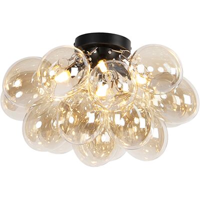 Qazqa - Diseño Plafón De Diseño Negro Con Cristal Ámbar 4 Luces - Uvas Vidrio /acero Esfera Adecuado Para Led Max. 4 X 28 Watt Qazqa - Diseño Plafón De Diseño Negro Con Cristal Ámbar 4 Luces - Uvas Vidrio /acero Esfera Adecuado Para Led Max. 4 X 28 Watt