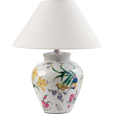 BELIANI Lámpara De Mesa Elegante Con Base De Porcelana Con Diseño Floral Pantalla De Campana De Lino Iluminación Blanco Diogo BELIANI Lámpara De Mesa Elegante Con Base De Porcelana Con Diseño Floral Pantalla De Campana De Lino Iluminación Blanco Diogo