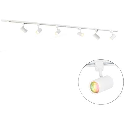 Qazqa Moderno Sistema De Iluminación De Riel Inteligente Con 6 Focos Blancos Monofásicos De 200 Cm - Iconic Jeana Acero Redonda /alargada Adecuado Para Led Max. 6 X 4.5 Watt Qazqa Moderno Sistema De Iluminación De Riel Inteligente Con 6 Focos Blancos Monofásicos De 200 Cm - Iconic Jeana Acero Redonda /alargada Adecuado Para Led Max. 6 X 4.5 Watt
