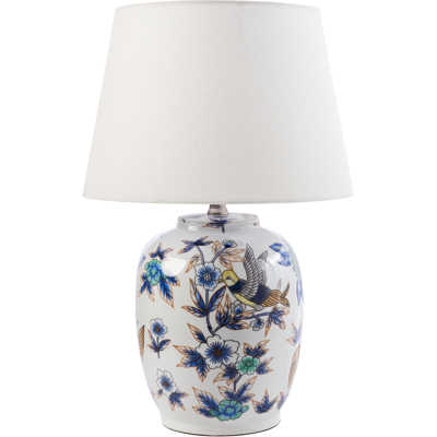 BELIANI Lámpara De Mesa Elegante Con Base De Porcelana Con Diseño Floral Pantalla De Campana De Lino Iluminación Blanco Y Azul Sunja BELIANI Lámpara De Mesa Elegante Con Base De Porcelana Con Diseño Floral Pantalla De Campana De Lino Iluminación Blanco Y Azul Sunja