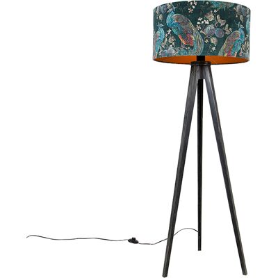 Moderno Lámpara De Pie Trípode Negra Con Pantalla Pavo Real 50 Cm - Tripod Classic Madera /textil Redonda Adecuado Para Led Max. 1 X 60 Watt - Qazqa Moderno Lámpara De Pie Trípode Negra Con Pantalla Pavo Real 50 Cm - Tripod Classic Madera /textil Redonda Adecuado Para Led Max. 1 X 60 Watt - Qazqa
