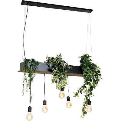 Rústico Lámpara Colgante Rústica Negra Con Madera 5-luces - Flair Acero / Alargada Adecuado Para Led Max. 5 X 60 Watt - Qazqa Rústico Lámpara Colgante Rústica Negra Con Madera 5-luces - Flair Acero / Alargada Adecuado Para Led Max. 5 X 60 Watt - Qazqa