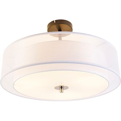 Qazqa - Moderno Plafón Moderno Blanco 50 Cm 3 Luces - Drum Duo Vidrio /textil /acero Cilíndra Adecuado Para Led Max. 3 X 40 Watt Qazqa - Moderno Plafón Moderno Blanco 50 Cm 3 Luces - Drum Duo Vidrio /textil /acero Cilíndra Adecuado Para Led Max. 3 X 40 Watt