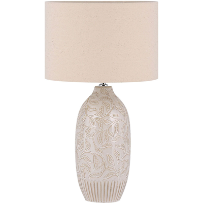 BELIANI Lámpara De Mesilla De Noche Cerámica Beige 57 Cm Patrón De Hoja Pantalla De Tambor Tradicional Salza BELIANI Lámpara De Mesilla De Noche Cerámica Beige 57 Cm Patrón De Hoja Pantalla De Tambor Tradicional Salza