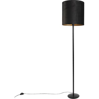 Qazqa Lámpara De Pie Negra Con Pantalla De Terciopelo Negro Con Qazqa Lámpara De Pie Negra Con Pantalla De Terciopelo Negro Con