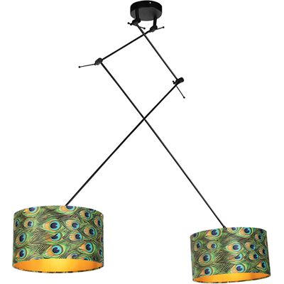 Clásico/antiguo Lámpara Colgante Negra Con Pantallas De Terciopelo Pavo Real Con Dorado 35 Cm 2 Luces - Blitz Textil /acero Cilíndra /alargada /redonda Adecuado Para Led Max. 2 X 60 Watt - Qazqa Clásico/antiguo Lámpara Colgante Negra Con Pantallas De Terciopelo Pavo Real Con Dorado 35 Cm 2 Luces - Blitz Textil /acero Cilíndra /alargada /redonda Adecuado Para Led Max. 2 X 60 Watt - Qazqa