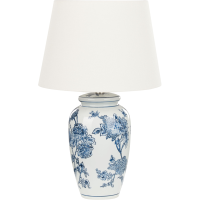 BELIANI Lámpara De Mesita De Noche Clásica Con Pantalla De Tela De Lino Base De Porcelana En Forma De Tambor Blanco Y Azul Beluso BELIANI Lámpara De Mesita De Noche Clásica Con Pantalla De Tela De Lino Base De Porcelana En Forma De Tambor Blanco Y Azul Beluso