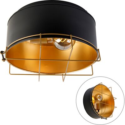 Qazqa Industrial Plafón Industrial Negro Con Dorado 35 Cm - Barril Acero Redonda Adecuado Para Led Max. 1 X 40 Watt Qazqa Industrial Plafón Industrial Negro Con Dorado 35 Cm - Barril Acero Redonda Adecuado Para Led Max. 1 X 40 Watt