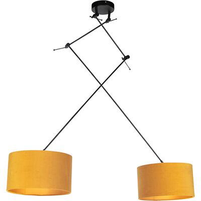 Rústico Lámpara Colgante Negra Con Pantallas De Terciopelo Ocre Con Dorado 35 Cm - Blitz Textil /acero Cilíndra /alargada /redonda Adecuado Para Led Max. 2 X 60 Watt - Qazqa Rústico Lámpara Colgante Negra Con Pantallas De Terciopelo Ocre Con Dorado 35 Cm - Blitz Textil /acero Cilíndra /alargada /redonda Adecuado Para Led Max. 2 X 60 Watt - Qazqa