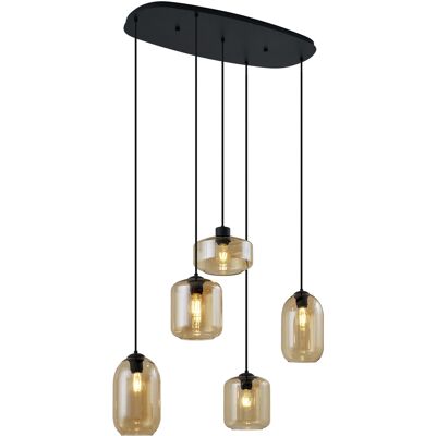 Qazqa Moderno Lámpara Colgante Moderna Negra Con Cristal Ámbar 5 Luces - Sheena Metálica /vidrio Ovalada Adecuado Para Led Max. 5 X 15 Watt Qazqa Moderno Lámpara Colgante Moderna Negra Con Cristal Ámbar 5 Luces - Sheena Metálica /vidrio Ovalada Adecuado Para Led Max. 5 X 15 Watt
