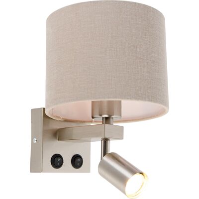Qazqa Lámpara De Pared De Acero Con Luz De Lectura Y Pantalla De Qazqa Lámpara De Pared De Acero Con Luz De Lectura Y Pantalla De