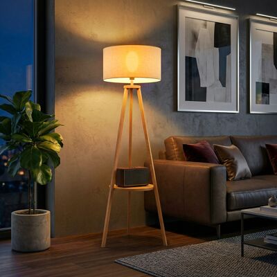 JHY DESIGN Lámpara De Pie Trípode Con Estructura De Madera Natural Y Pantalla De Tela Beige Con Estante Integrado 50x50x154 Cm JHY DESIGN Lámpara De Pie Trípode Con Estructura De Madera Natural Y Pantalla De Tela Beige Con Estante Integrado 50x50x154 Cm