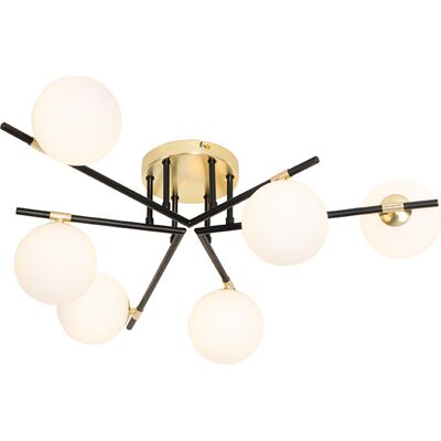 Qazqa Art Déco Plafón Art Deco Negro Con Dorado Y Cristal Opalino 6-luces - Lynn Acero /vidrio Redonda Adecuado Para Led Max. 6 X 28 Watt Qazqa Art Déco Plafón Art Deco Negro Con Dorado Y Cristal Opalino 6-luces - Lynn Acero /vidrio Redonda Adecuado Para Led Max. 6 X 28 Watt