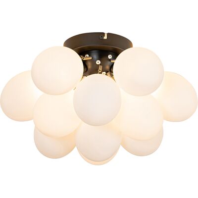 Qazqa - Diseño Plafón Art Deco Negro Con Cristal Opalino 3-luces - Uvas Vidrio /acero Esfera Adecuado Para Led Max. 3 X 28 Watt Qazqa - Diseño Plafón Art Deco Negro Con Cristal Opalino 3-luces - Uvas Vidrio /acero Esfera Adecuado Para Led Max. 3 X 28 Watt