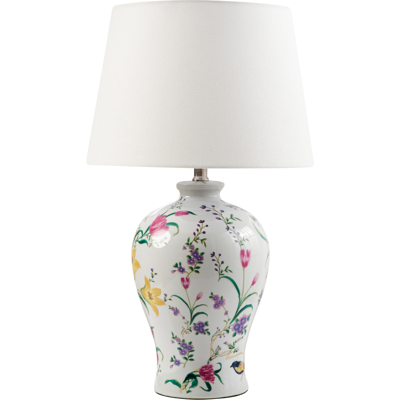 BELIANI Lámpara De Mesa Elegante Con Base De Porcelana Con Diseño Floral Pantalla De Campana De Lino Iluminación Blanco Febros BELIANI Lámpara De Mesa Elegante Con Base De Porcelana Con Diseño Floral Pantalla De Campana De Lino Iluminación Blanco Febros